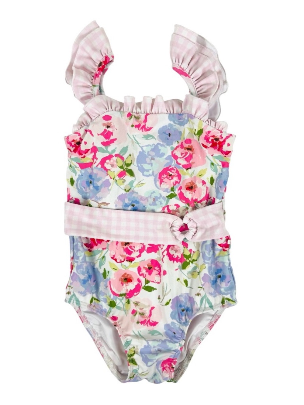 SweetHoney Pink & Blue Floral Ruffle One-Piece Swimsuit with Gingham Belt